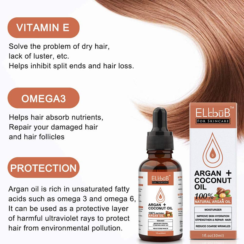 [Australia] - Argan Oil + Coconut Oil For Face, Hair, Skin, Nails - Reduces Wrinkles, Improves Skin Hydration, Increases Skin Elasticity - Great for Dry Scalp, Split Ends, Dry & Damaged Hair 