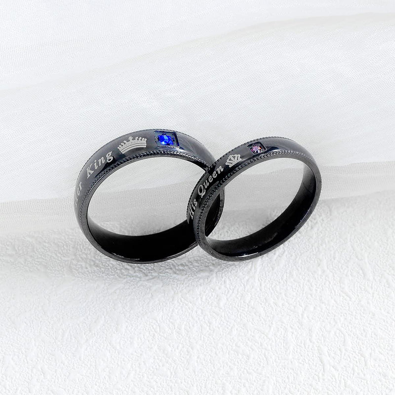 [Australia] - MONIYA Set of 2 His Queen Her King Rings Stainless Steel Wedding Engagement Band Matching Promise Rings For Couple Anniversary Jewelry Black Men 7 & Women 5 