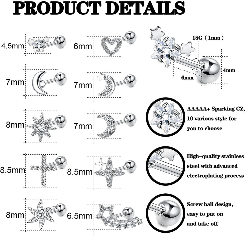 [Australia] - MILACOLATO 10PCS 18G Cartilage Earrings for Women Men 316L Stainless Steel CZ Moon Cross Heart Flower Cartilage Stud Earring Tragus Earrings Forward Helix Conch Piercing Jewelry A 