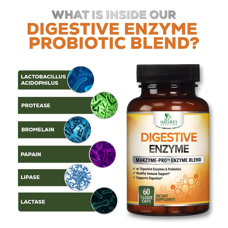 [Australia] - Digestive Enzymes with Probiotics, Bromelain and Papain - Gentle Digestion Support Multi-Enzyme Supplement for Women and Men - Daily Support for Gas, Bloating and Digestion, Non-GMO - 60 Capsules 60 Count (Pack of 1) 