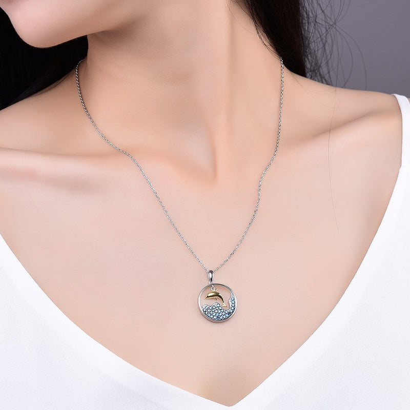 [Australia] - Bellrela Sterling Silver Dolphin Rolling Wave Pendant Necklace Box Chain 18+2'' 