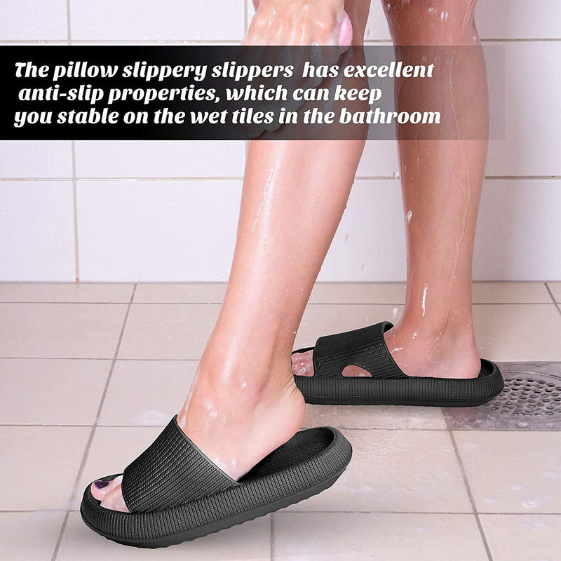 [Australia] - Pillow Slides Slippers, Sharllen Non-Slip Shower Bathroom Spa Slipper, Open Toe Spa Slippers, EVA Platform Thick Sole Quick Drying Super Soft Foam Massage Sandals for Women and Men Black 5.5-6.5 Women/5-6 Men 