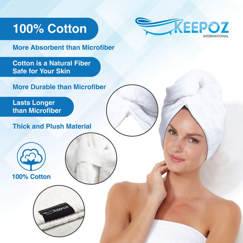 [Australia] - KEEPOZ Hair Towel Wrap Quick Dry 100% Cotton Super Absorbent Turban Head Wrap for Women with Button, Anti Frizz Hair Products, Hair Cap for Curly, Long & Thick Hair (1Pc)(White) White 