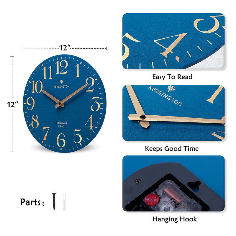 [Australia] - NIKKY HOME 12 Inch Navy Blue Wooden Wall Clock - Battery Operated Silent Non Ticking Clock Home Decor for Kitchen, Living Room, Bedroom, Office 