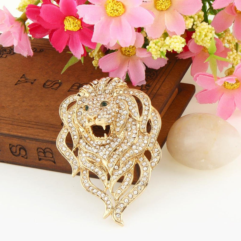 [Australia] - EVER FAITH Austrian Crystal Gorgeous Animal Lion Head Brooch Clear Gold-Tone 