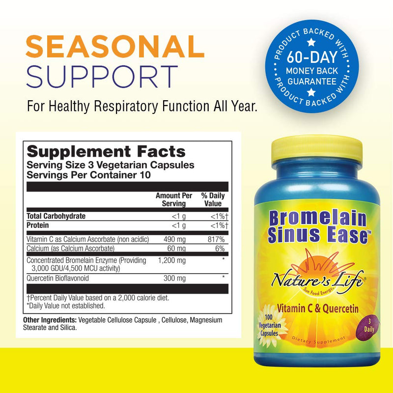[Australia] - Nature's Life Bromelain Sinus Ease 1200mg | with Vitamin C & Quercetin | Sinus Health, Immune Function & Seasonal Support | 100 Vegetarian Capsules 