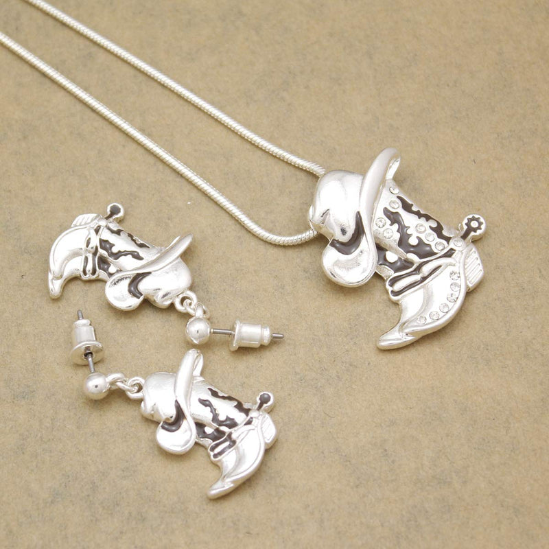 [Australia] - RechicGu Western Texas Cowgirl Cowboy Hat Stetson Boot Spur Rodeo Snake Chain Earrings Necklace Set Silver 