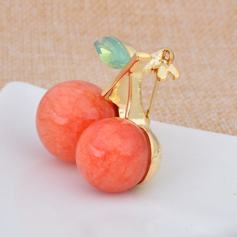 [Australia] - Fenni Cute Red Natural Gemstone Cherry Brooch Pin Crystal CZ Leaf Lapel Pin Party Holiday Jewelry Coral 