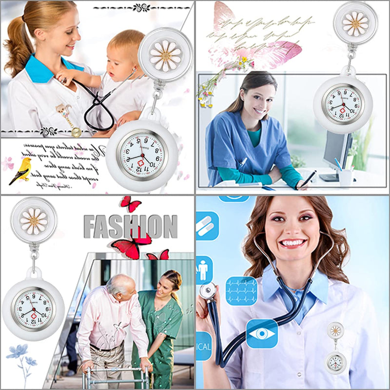 [Australia] - Retractable Nurse Fob Watch, Luminous Clip-on Hanging Lapel Pocket Watches with Cute Flower Pattern, Pointer Glow in Dark for Nurses Doctors Paramedics White 