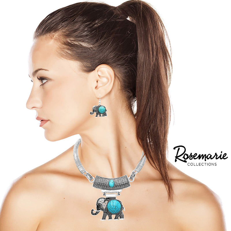 [Australia] - Rosemarie Collections Women’s Lucky Elephant Circular Natural Howlite Statement Necklace Earrings Set, 10"-13" with 3" Extension Turquoise Howlite/Silver Tone 