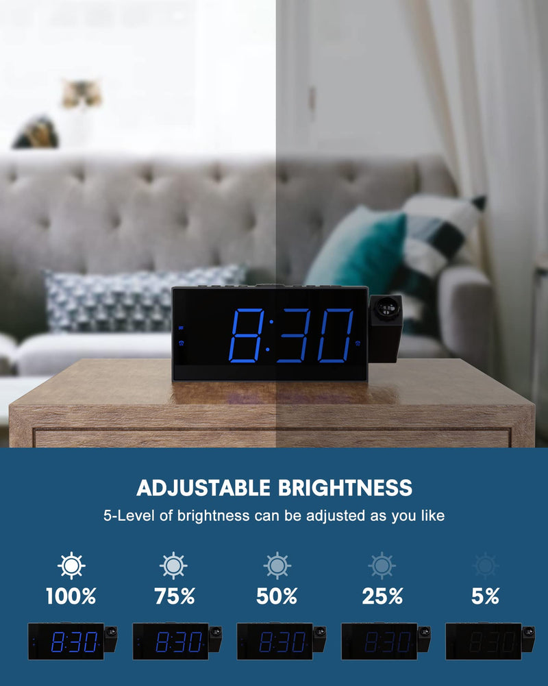 [Australia] - Projection Alarm Clock for Bedroom,LED Digital Clock Projection on Ceiling Wall with USB Phone Charging,Battery Backup,180°Projector& Dimmer,12/24H,DST,Snooze,Dual Loud Bedside Clock for Heavy Sleeper Black 