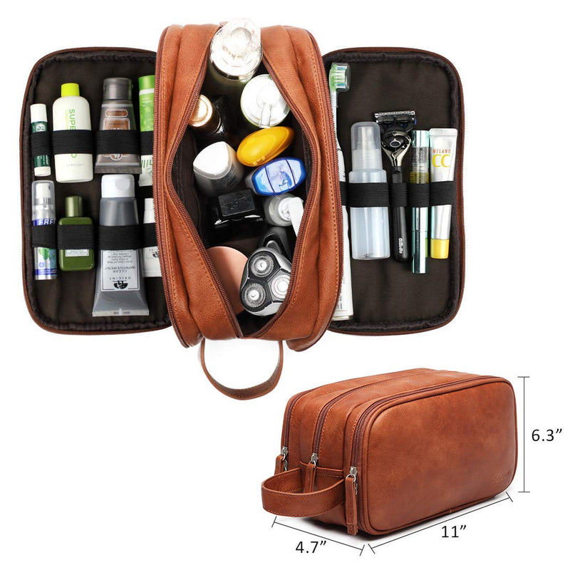 [Australia] - Leather Toiletry Bag for Men, Travel Wash Bag Hanging Makeup Bag Waterproof Gym Shaving Bag Large Capacity Dopp Kit with Sturdy Handle (Brown) Brown 