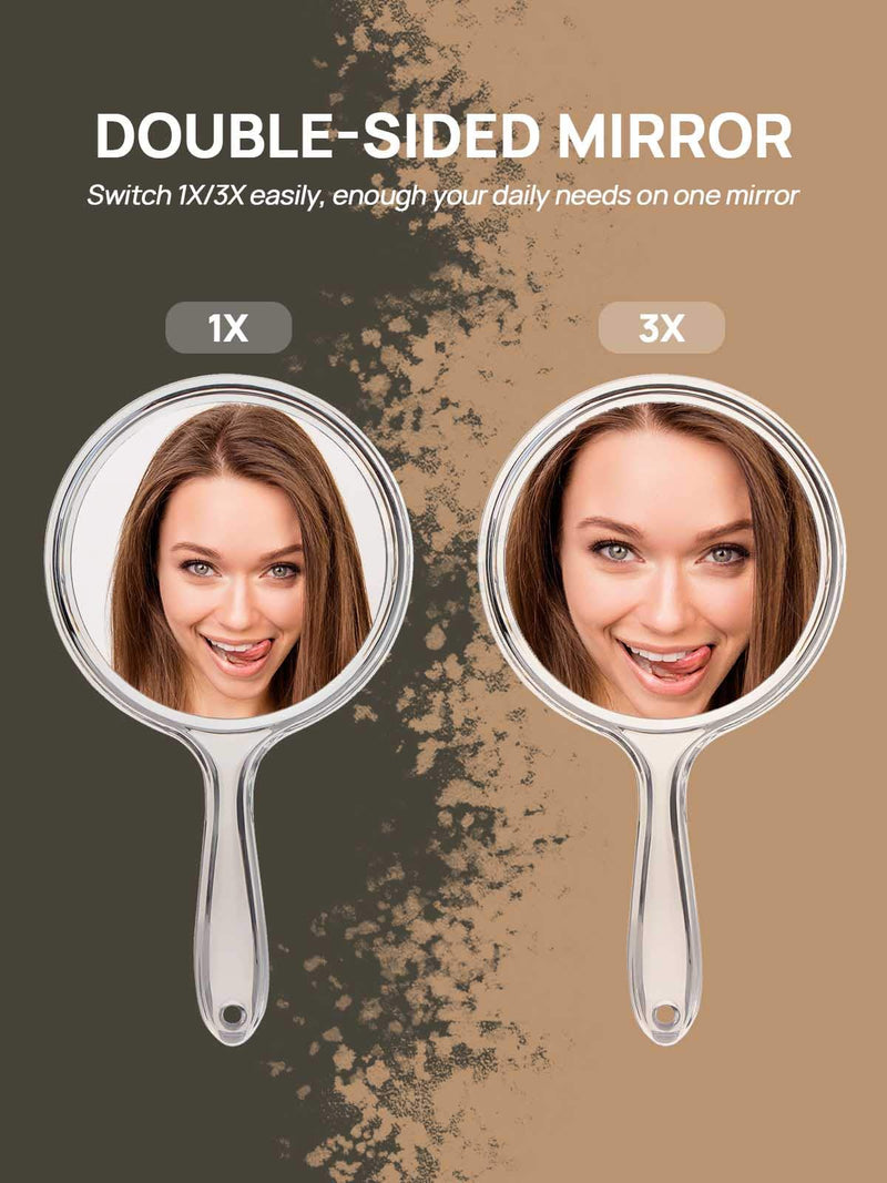 [Australia] - OMIRO Hand Mirror, Double-Sided Handheld Mirror 1X/3X Magnifying Mirror with Handle, Set of 2 (Clear) Clear 