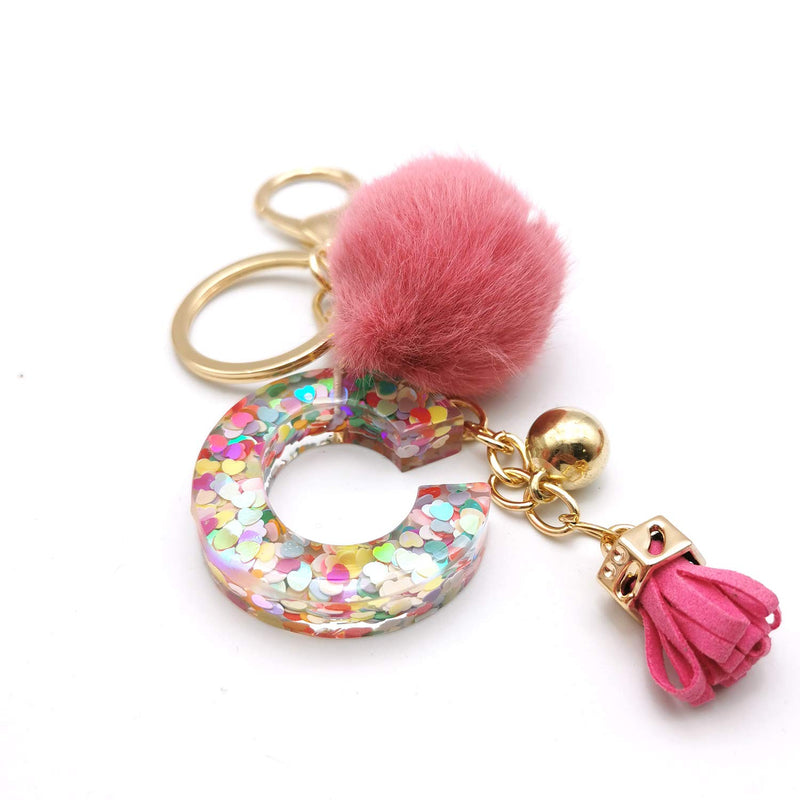 [Australia] - OKAICEN Deep Pink Resin Alphabet Initial Letter Keychain Keyring for Women Purse Handbags With Fur Ball Pom C 