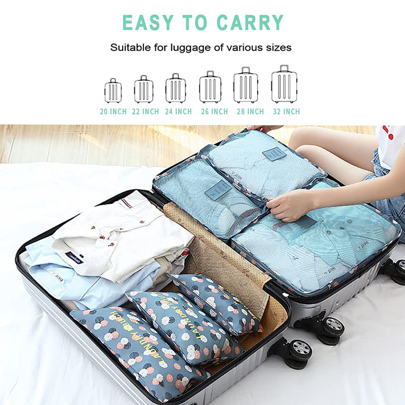 [Australia] - 7 SetsPacking Cubes Value Set for Travel Luggage Organiser Bag Compression Pouches Clothes Suitcase (2Blue Flower) Blue Flower2 