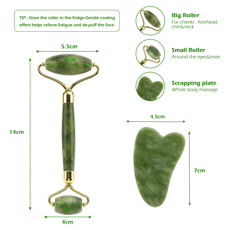 [Australia] - Deciniee Jade Roller and Gua Sha Set - Beauty Face Roller Massager & Guasha Tool for Face, Eye, Neck, Body - 2 in 1 Skin Care Gua Sha Massage Tools, Muscle Releaxing and Relieve Wrinkles Green 