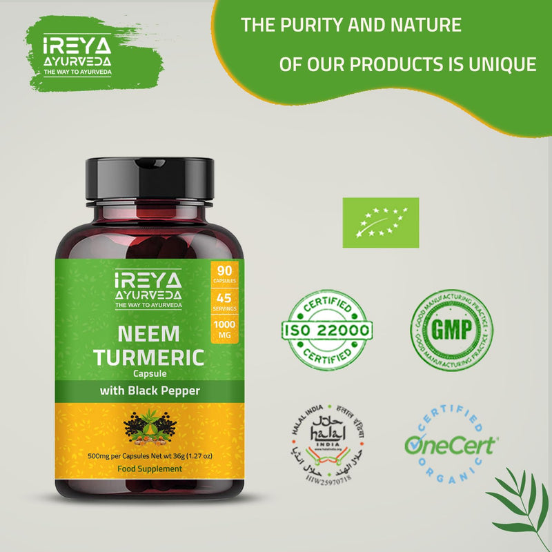 [Australia] - Neem Turmeric Capsules with Black Pepper Neem Herbal Supplement, Ayurvedic Herbal Cleanser, Detoxification, Enhances skin Health and Immunity (90 Capsules) 90 Count (Pack of 1) 