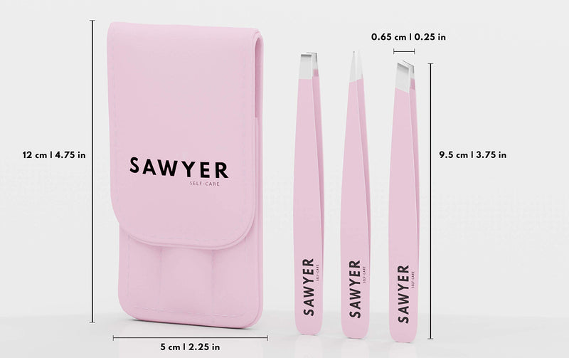 [Australia] - Tweezers for Women - 3-Piece Pink Stainless Steel Precision Eyebrow Tweezer Set With Leather Case - 4.75” T x 2.25” W - Slant, Flat, and Pointed Tips - 100% Quality Guarantee - By Sawyer Self-Care 