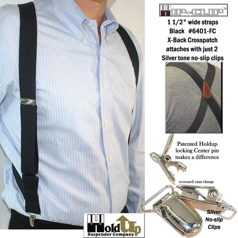 [Australia] - Holdup Black Trucker Style Hip-clip X-back Suspenders with patented no-slip silver-tone clips 