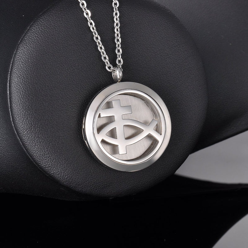 [Australia] - HooAMI Aromatherapy Essential Oil Diffuser Necklace Locket Pendant Stainless Steel Perfume Necklace with 12 Refill Pads A5-Fish Cross 