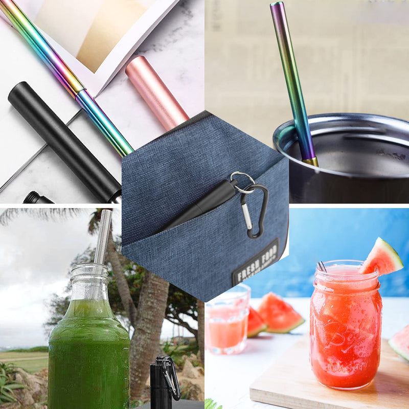 [Australia] - Metal Straw Drinking, 3 Pcs Collapsible Reusable Ttravel Straws with Metal Case Keychain Cleaning Brushes for Home Office School 