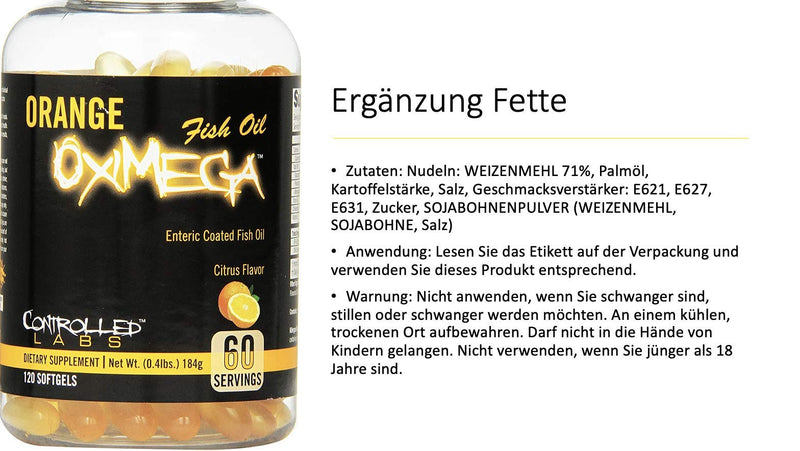 [Australia] - Orange Oximega Fish Oil Supplement 120 Softgels by Controlled Labs, EPA and DHA, 2000mg Omega- 3 Fatty Acids, Citrus-Flavor, Burpless Softgels for General Health and Cardiovascular Support 