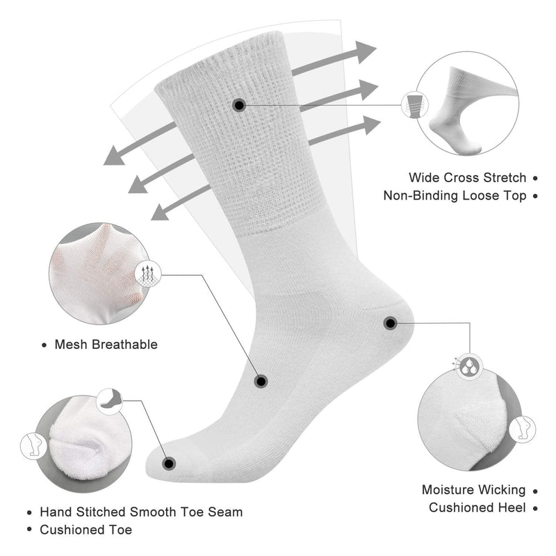 [Australia] - Busy Socks Non-Binding Top Diabetic Socks for Men Women, Thin Soft Crew Mid Calf Socks with Seamless Toe Large 4 Pairs White 