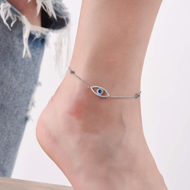 [Australia] - FREECO Anklet for Women Girl 925 Sterling Silver Third Blue Evil Eye Protection Charm Adjustable Foot Anklet Bracelet for Women 11 inch 