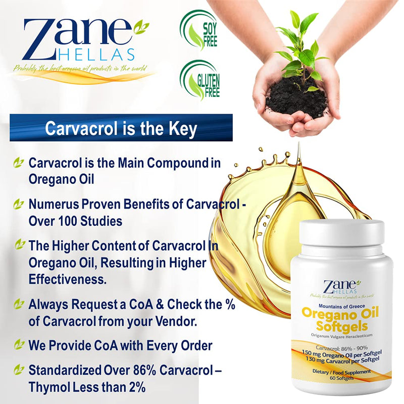 [Australia] - 130 mg Carvacrol - 150 mg Oregano Oil per Softgel. World Highest Concentration Oregano Oil Capsule. Zane Hellas Oregano Oil. Softgel Contains 30% Greek Essential Oil of Oregano. 120 Softgels. 