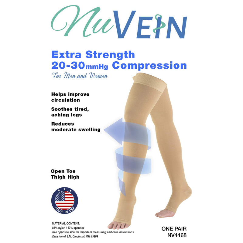 [Australia] - Nuvein Medical Compression Stockings, 20-30 mmHg Support, Women & Men Thigh Length Hose, Open Toe, Black, Large Large (1 Pair) 