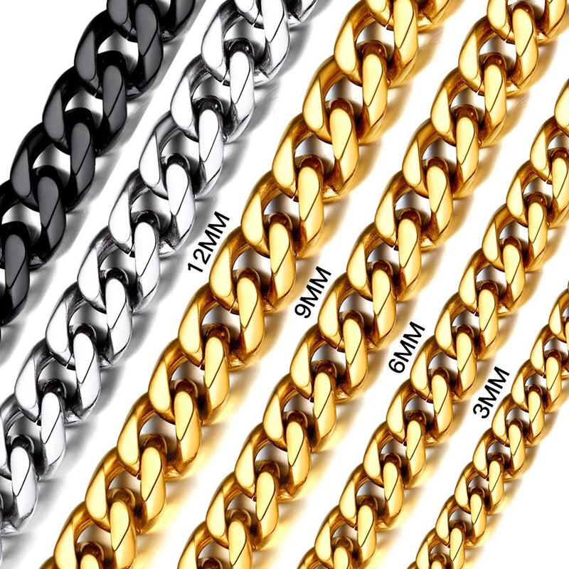 [Australia] - U7 Miami Cuban Chain in Stainless Black Gold Color|Flat Link Necklace NK Cuban Chains for Men and Women,Width 3-12mm,Length 14 Inch-30 Inch.Gift Packed A.18k gold(3mm) 18.0 Inches 