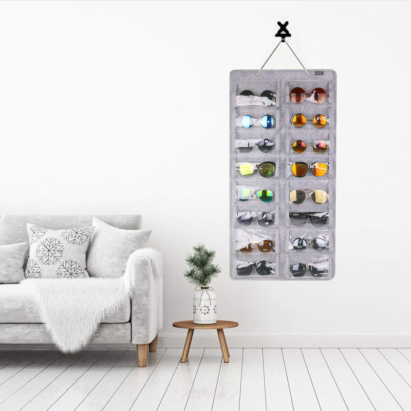 [Australia] - AROUY Sunglasses Organizer Storage, Hanging Dust Proof Wall Pocket Glasses Organizer - 16 Felt Slots Sunglass Organizer Holder with Metal Hook and Sturdy Rope (Gray, Dust Proof) Gray, Dust Proof 