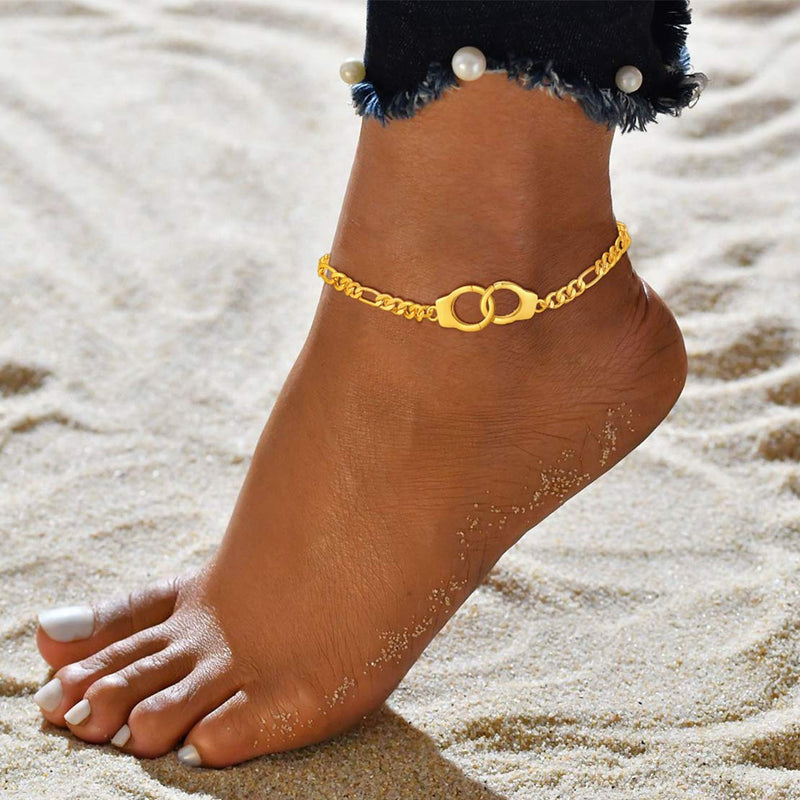 [Australia] - FindChic Fashion Handcuff/Infinity Ankle Bracelets for Women Stainless Steel/18K Gold Plated Ankle Chain Customized Engraving Foot Chain Jewelry Gift 1.handcuff & gold plated 