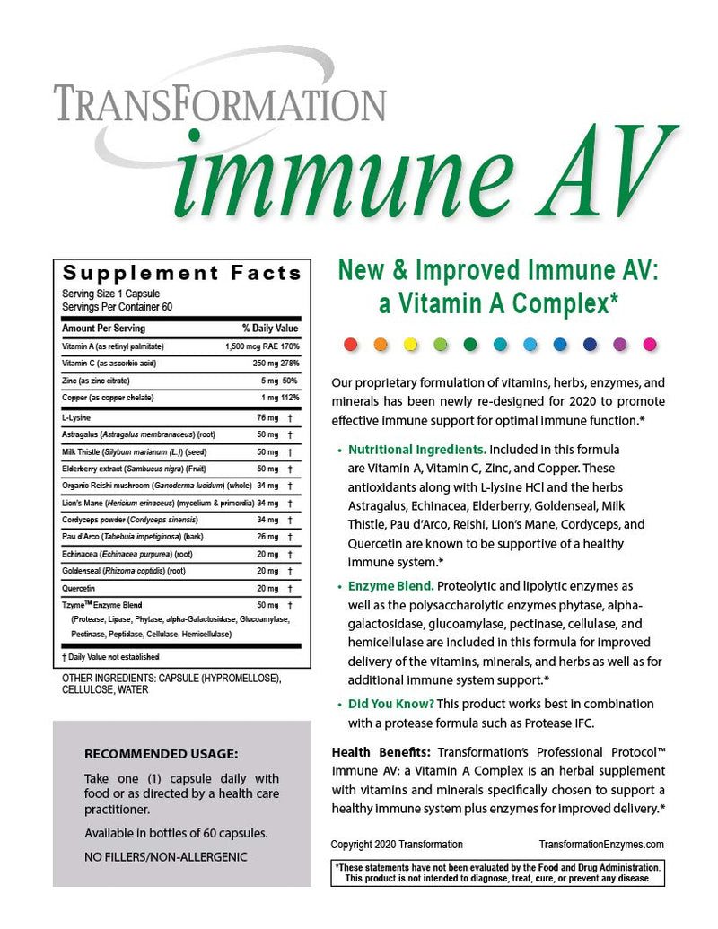 [Australia] - Transformation Enzymes Immune AV 60 Counts.-Vitamins, Herbs, enzymes, and Minerals has Been Newly re-Designed for 2020 to Promote Effective Immune Support for Optimal Immune Function.* 