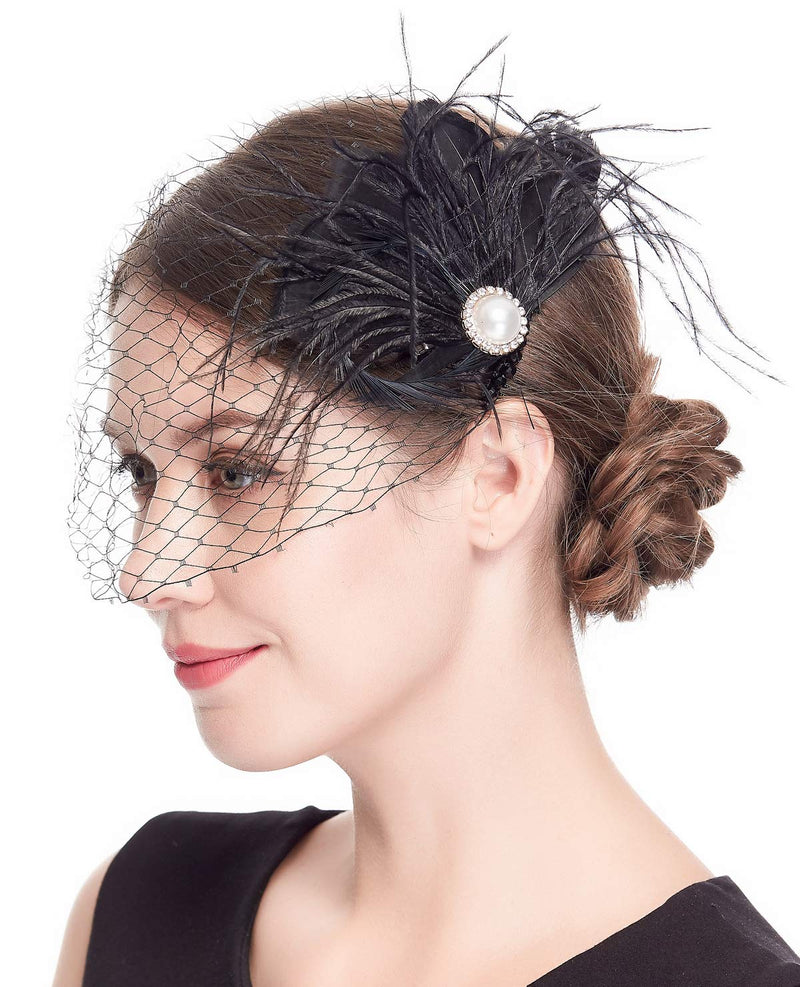 [Australia] - Fascinator Hat Veil Feather Fascinator Hair Clip Tea Party Derby Hat Birdcage Veil Bridal Wedding Veil Black 