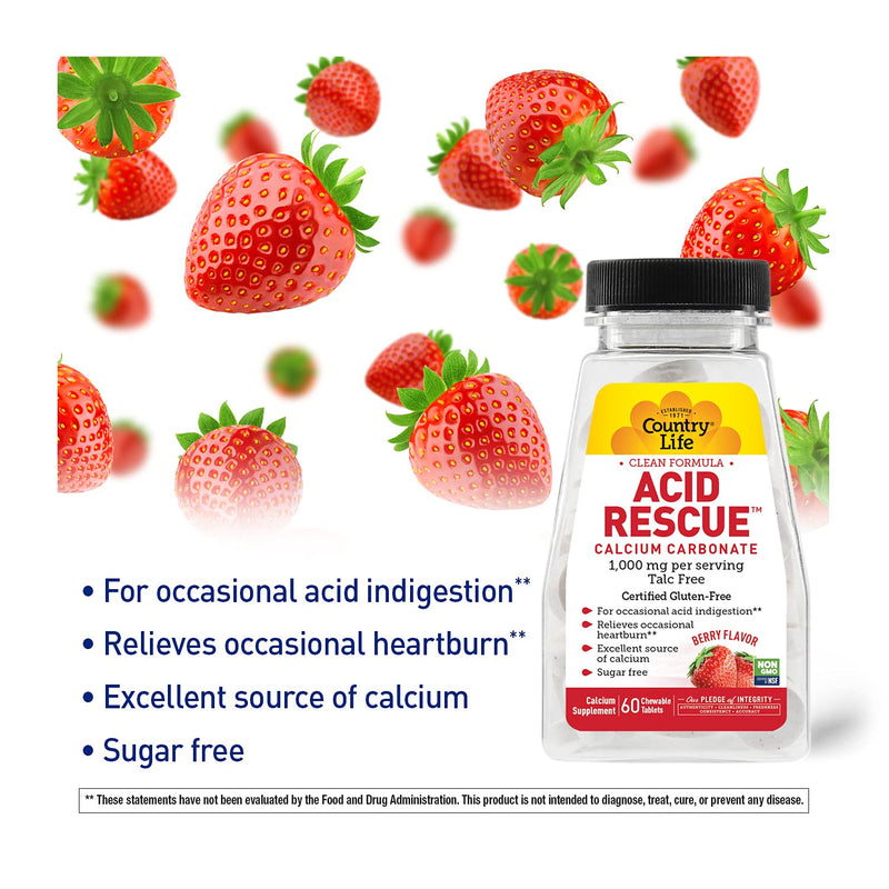 [Australia] - Country Life Acid Rescue Calcium Carbonate Berry Flavor 1 000 mg 60 Chewable Tablets 60 Count (Pack of 1) 