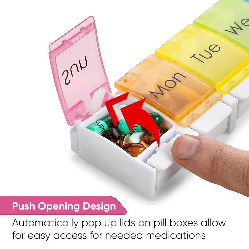 [Australia] - 7 Days Tablet Organizer Medicine Storage Box Rainbow Colour Portable Pill Container Easy to Open Dispenser Planner Push Button Compartment Medicine Dispenser 