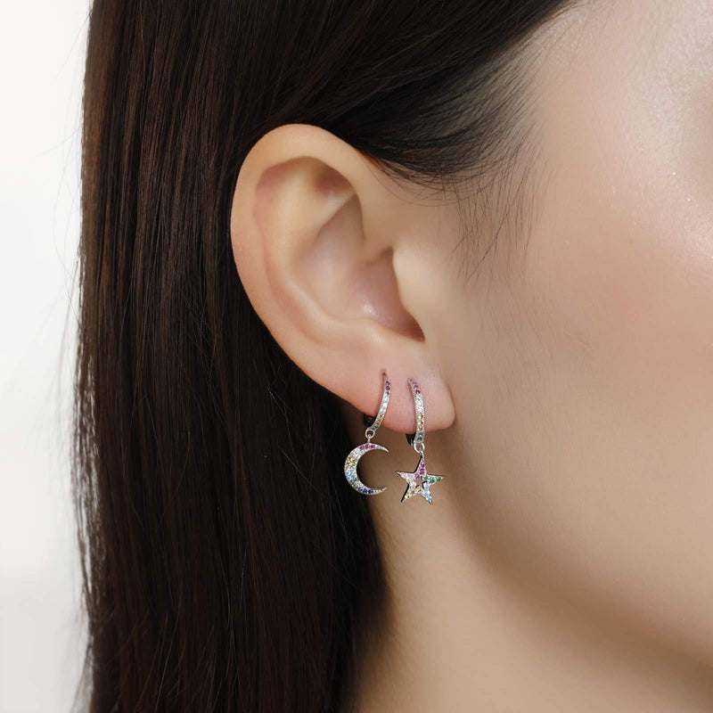 [Australia] - Qings Sterling Silver Huggie Hoop Asymmetrical Earrings with Moon/Star Colorful Cubic Zirconia Star Moon Dangle Mismatched Earrings Birthday Thanksgiving Christmas Gifts for Women Girls 