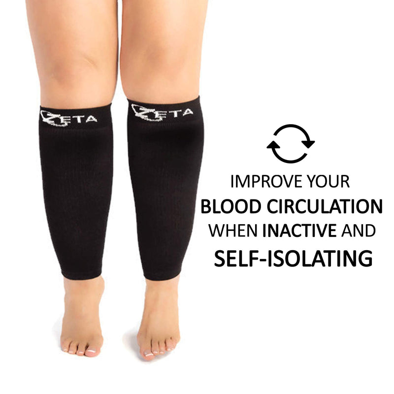 [Australia] - Zeta Sleeve XXL Wide Plus Size Calf Compression, Soothing Comfy Gradient Support, Prevents Swelling, Pain, Edema, DVT, Large Cuffs, Stretch to 26 Inches, Unisex, for Nurses, Seniors, Flights (Black) 