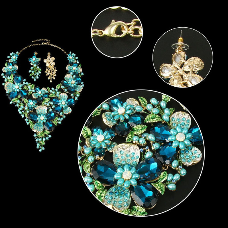 [Australia] - EVER FAITH Crystal Rhinestone White Simulated Pearl Gorgeous Spring Flower Leaf Plant Jewelry Set Blue Gold-Tone 