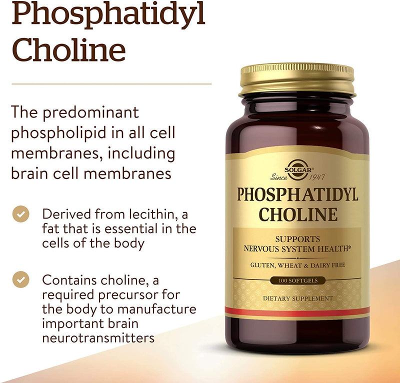 [Australia] - Solgar Phosphatidylcholine, 100 Softgels - Promote Healthy Cognitive Function - Derived From Lecithin - Contains Choline for Neurotransmitter Acetylcholine - Gluten Free, Dairy Free - 50 Servings 