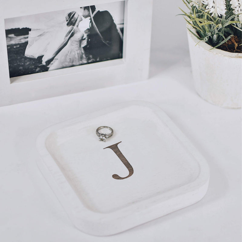 [Australia] - Solid Wood Personalized Initial Letter Jewelry Display Tray Decorative Trinket Dish Gifts For Rings Earrings Necklaces Bracelet Watch Holder (6"x6" Sq White "J") 6"x6" Sq White "J" 