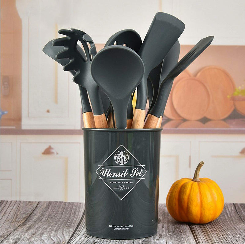 [Australia] - Cozywind Cooking Utensils Set with Holder Silicone Kitchen Utensils Set,12 pcs Wooden Handles, Kitchen Spatula Set Non-Stick 