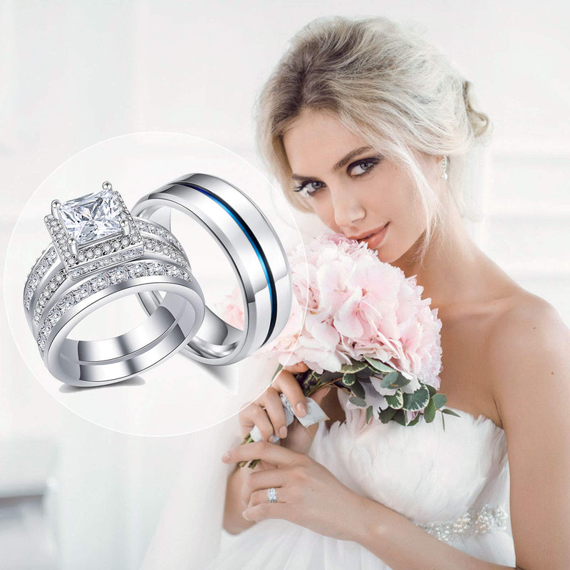 [Australia] - AHLOE JEWELRY Princess Wedding Ring Sets for Him and Her Women Men Titanium Stainless Steel Bands 3.0Ct Cz 18k Gold Couple Rings Women's Size 10 & Men's Size 10 