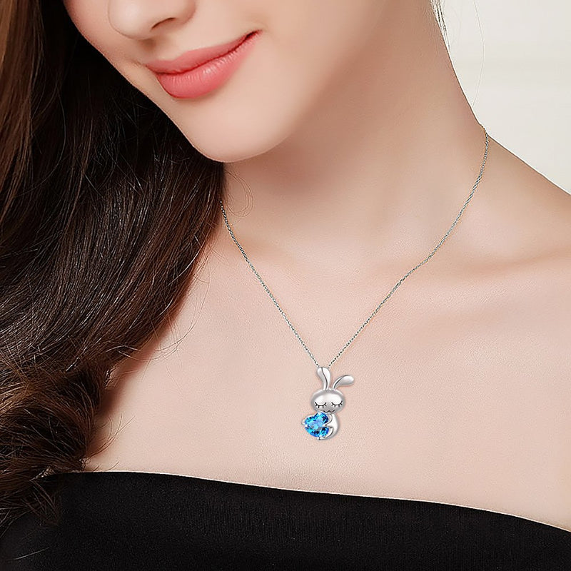 [Australia] - 925 Sterling Silver Cute Animal Jewelry Cubic Zirconia Love Heart Pendant Necklace for Women Teen Girls Girlfriend Birthday Gifts Mom Mother's Day Gifts, 18 inch 03_Blue Heart Rabbit 