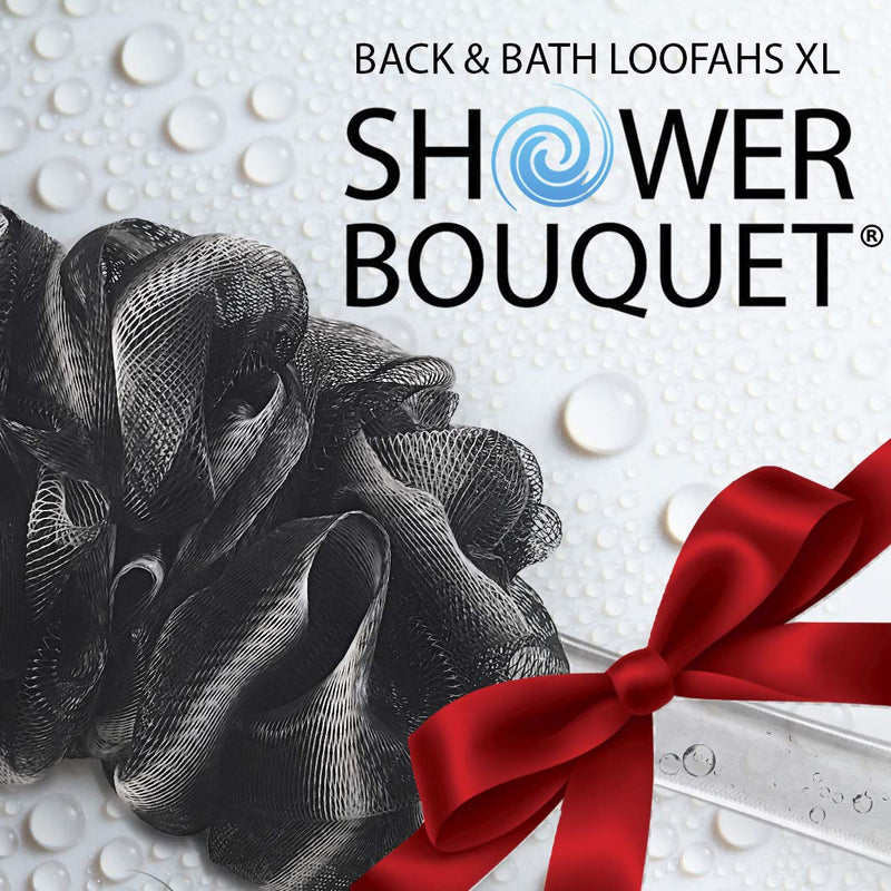 [Australia] - Loofah-Charcoal Back-Scrubber & Bath-Sponges by Shower Bouquet: 1 Long-Handle-Back-Brush plus 2 Extra Large 75g Soft Mesh Poufs, Men & Women - Exfoliate with Full Pure Cleanse in Bathing Accessories 