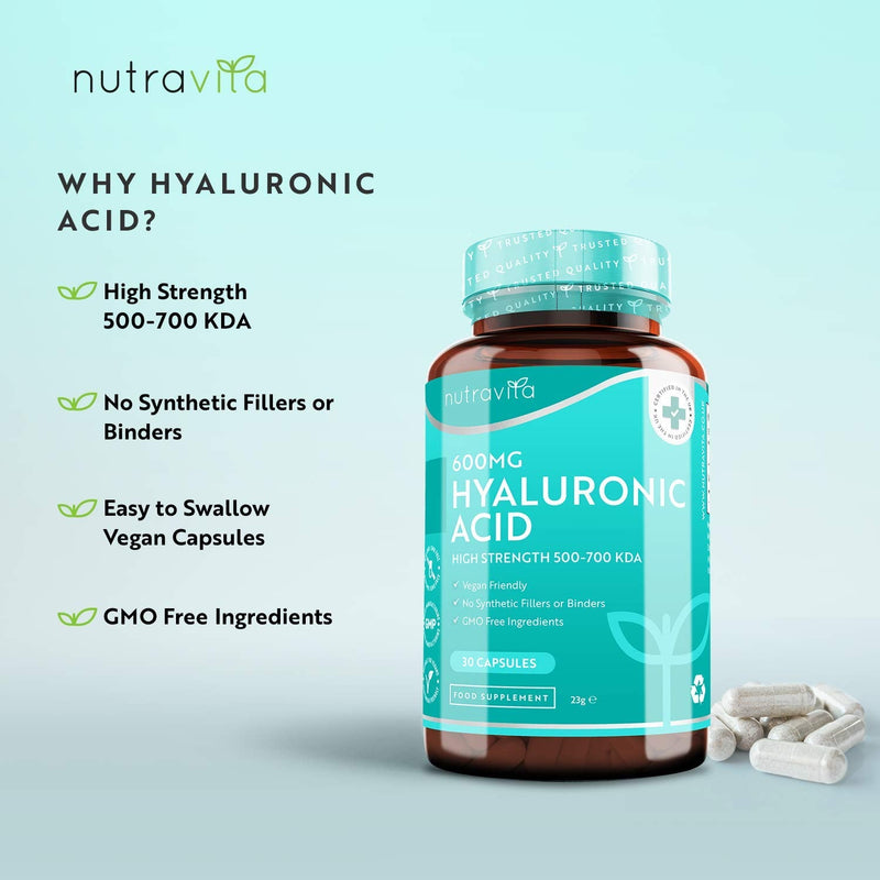 [Australia] - Hyaluronic Acid Capsules - One Month Supply of 600mg Hyaluronic Acid Capsules - High Dose with 500-700 KDA - GMO Free with No Synthetic Fillers or Binders - Made in The UK by Nutravita 30 Capsules 