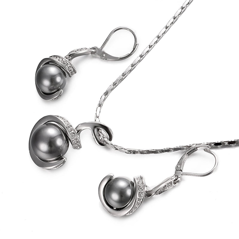 [Australia] - Yoursfs Grey Pearl Jewelry Set For Women 18k White Gold Plated Leverback Earrings & Pendant Drop Earrings and Necklace Set 