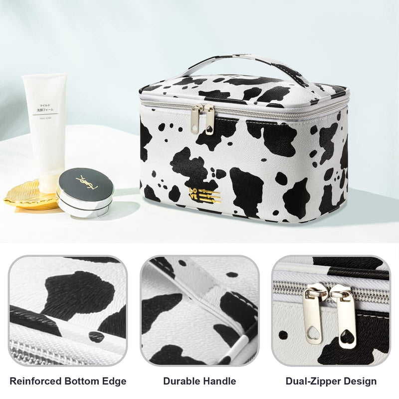 [Australia] - Makeup Bag Portable Travel Cosmetic Bag for Women, Beauty Zipper Makeup Organizer Bag with Inner Pouch PU Leather Washable Waterproof (Cow Print) 001-cow Print 