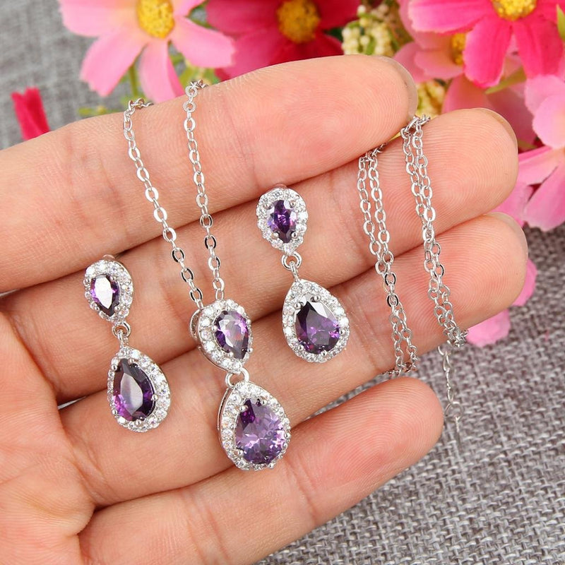 [Australia] - EVER FAITH Prong CZ Wedding 2 Tear Drop Necklace Earrings Set Silver-Tone Purple 